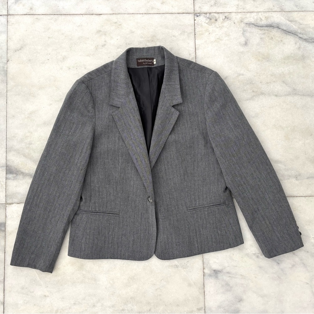 VTG Haberdashery Blazer Gray Chevron One Button Women 18 Office Corporate USA